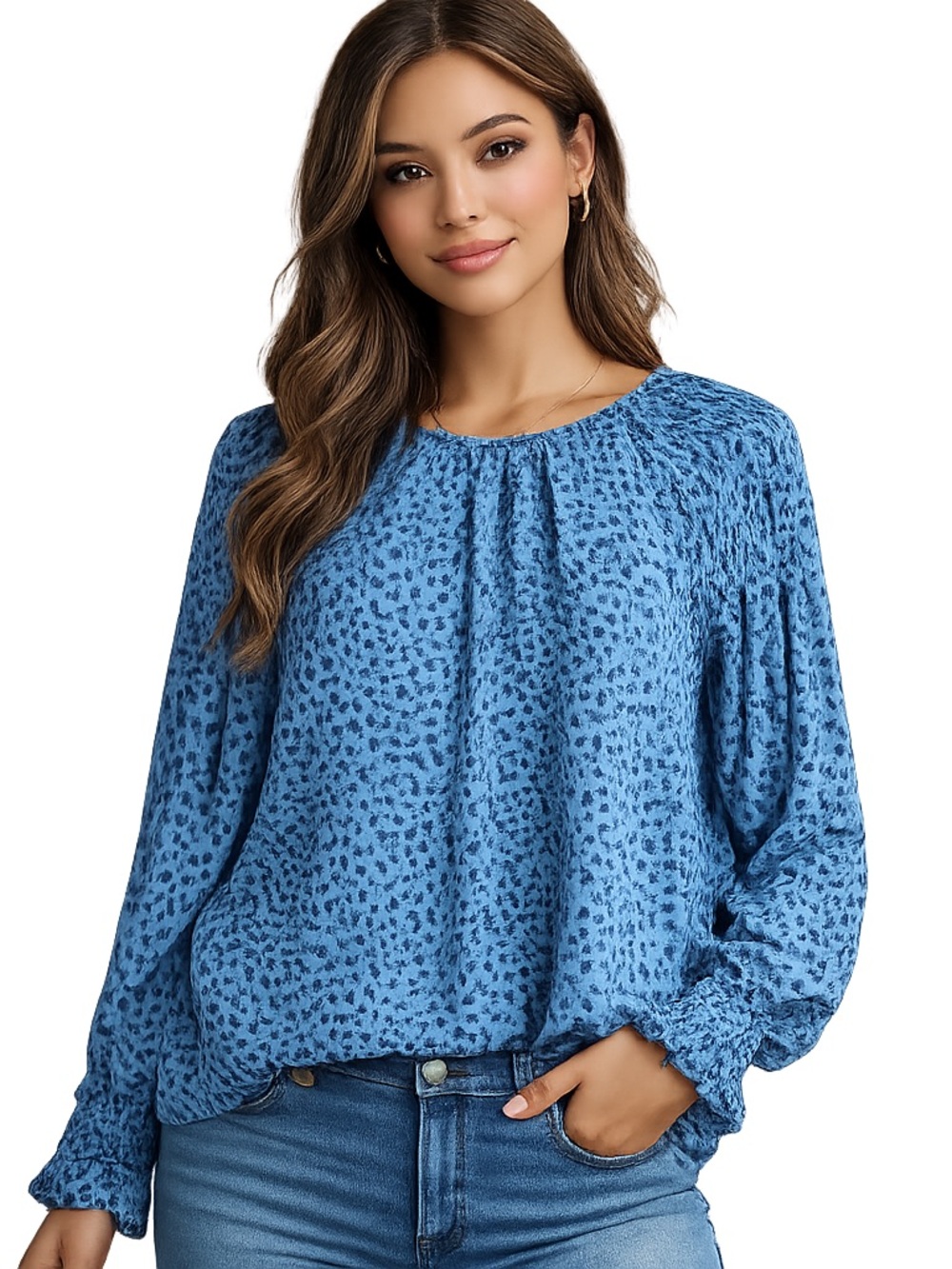 Ann Taylor Blue Leopard Print Smocked Long Sleeve Blouse Women’s Large